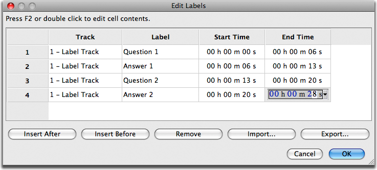 Edit Labels dialog box with tabular view of labels (Mac image)